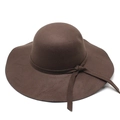 Detail of dark brown wool felt hat featuring a wavy wide brim and side bow decoration - Brown