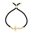 Bracciale regolabile in corda nera con pendente a croce dorata e zirconi bianchi incastonati - Stile B-Croce Con Micro-intarsio Corda Nera