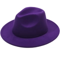 Detailed view of a purple wool felt fedora with a wide brim and classic pinched crown - Plain Flat Brim Without Rope / Purple