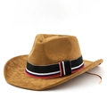 Dettaglio cappello da cowboy in scamosciato cammello con nastro a righe e tesa larga - M (56-58cm) / Cachi