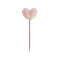 Detail view of a purple ballpoint pen with heart-shaped gradient plush pom-pom top - Heart / Purple