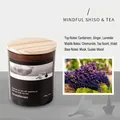 Aromatherapy soy wax candle in dark glass jar with wood lid 140g Tea meditation scent - Mindful Shiso & Tea