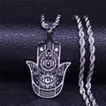 Detaillierte Nahaufnahme des Hamsa-Hand-Anhängers mit bösem Blick und dicker Kordelkette - 60CM / Silber