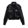 Veste aviateur pour femme en similicuir noir avec grandes poches et ourlet côtelé - XS / Noir