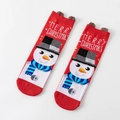 Red Christmas cotton socks featuring 3D fuzzy balls and a snowman motif for women - Red White Snowman with 3D Pom-pom