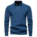 Detailed view of dark blue knit texture and silver half-zipper on a men's stand collar sweater - Blue Denim