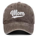 Close-up of white Mom embroidery on a washed brown cotton baseball cap detail - Coffee (Mom)