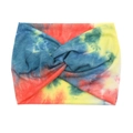 Detail of bohemian wide headband featuring a colorful tie-dye print and stylish cross knot - Rainbow Tie Dye