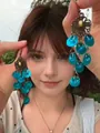 French vintage style bow earrings with blue beads and long pearl tassels - Earring Hooks / Lake Blue