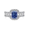 Elegant S925 silver ring featuring a large rectangular blue zircon with halo diamond setting - Rectangle Cluster Style (DY120787-S-W-BA)
