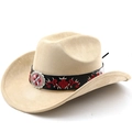 Détail d'un chapeau de cowboy en daim beige avec broderie rouge et boucle en métal argenté - M(56-58cm) / Camel