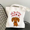 White canvas tote bag featuring a cute cartoon brown dachshund dog with red hearts print - Blue Purple Gradient / No Inner Pocket No Zipper