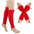 Detalle de calentadores y guantes sin dedos de punto rojo con textura de canalé elástico - Tamaño Pequeño / Rojo