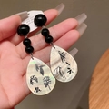 Macro detail of S925 silver earrings with ink wash art pendants and teardrop pearls - 1# Silver Earring Post-Black-Water Drop Bamboo Leaf