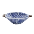 Ceramic oval salad bowl with dual handles and blue floral patterns on white porcelain - Arabesque Pattern