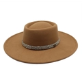 Detail of camel wool felt fedora featuring a rhinestone band and gold M logo - M (56-58cm) / M Label Rhinestone Fedora (CZY-101) / Khaki
