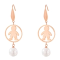 Rose gold stainless steel earrings with hollow boy figure and white faux pearl drop - Rose Gold Boy (KE79991-GC)