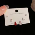 Three-piece set featuring zircon square, heart, and colorful gourd silver needle studs - Silver-Rhinestone Gourd Set (11#)