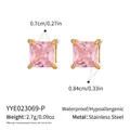 Detail view of 18K gold plated stainless steel stud earrings with pink square zircon - Pink (YYE023069-P)