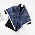 Elegant navy silk square scarf with white geometric patterns and cream border - Argyle-Navy Blue