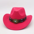 Detail of fuchsia wool western hat with turquoise beads and bronze sun buckle - Rose Red (Floral Leather Belt)
