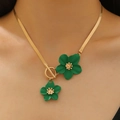 Chic gold necklace with two green flower pendants and OT buckle in a vintage style - Gold Chain Necklace with Green Flowers (5172)