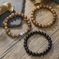 Men's hematite and wood bead bracelet set with a metal cross charm on rustic wood - 3 Pcs Set Wood Beads Agate With Cross Pendant