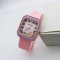 Detail view of the pink square watch dial with golden swan and Arabic numerals - Pink Swan Style