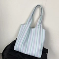 Borsa tote in tela a righe viola e verde acqua con grande capacità per uso quotidiano - A costine / Blu