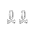 Silver bow hoop earrings with heart-shaped zircon stones in a minimalist design - Bow Pendant Silver Hoop Earrings (钯白K蝴蝶K-304)