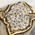 Detailed view of the luxurious silk scarf with vintage belt and feather prints - Beige Coffee Feather