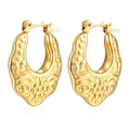 Detailed macro view of gold-plated hollow hoop earrings with vintage relief pattern - Patterned Hollow (MS-144) / Gold
