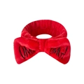 Red plush headband with large bow and black OMG! embroidery for hair styling - Red