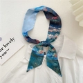 Impressionist oil painting style narrow silk scarf tied in a bow on a white shirt - 6x105cm / Cliff Lake