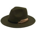 Detail of dark olive wool fedora hat with gold leaf buckle and black leather band - M(56-58cm) / Army Green (Golden Leaf)