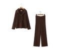Women's dark brown knit set featuring a lapel tie-up sweater and wide-leg trousers - One Size / Coffee