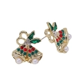 Detail view of festive Christmas bell earrings with red crystals and white pearls - Bow Holly Leaf Bell Pearl Stud Earrings(EH984)