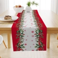 Linen Christmas table runner with holly berries and red snowflakes on a wooden table - Red White Holly Snowflake Branch (ZQ26-7)