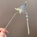 Pasador de pelo mariposa dorada con alas iridiscentes, perlas y borlas de metal - Azul