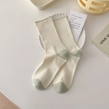 Milk white cotton crew socks with light green contrast heel and toe in ribbed knit - One Size / Milky Green