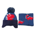 Set berretto e sciarpa in maglia per bambini con dinosauri rossi e pompon blu - Blu Notte