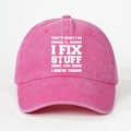 Detail of pink washed cotton baseball cap with white I FIX STUFF text and tool icons - One Size / Rose Red