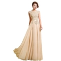Elegant champagne evening gown featuring sleeveless lace embroidery and chiffon skirt - US 12(L) / Champagne