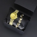 Elegant gold quartz watch and leaf bracelet set with crystals in luxury black gift box - 25146 Gold Watch + Bracelet + Box