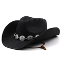 Cappello da cowboy in paglia nera con conchos in metallo argentato e sottogola - M (56-58cm) / Nero