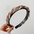 Braided houndstooth headband in brown with pearls and rhinestones decoration - Pearl Rhinestone Braided Style / Coffee Houndstooth