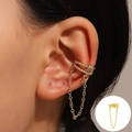 Χρυσό σκουλαρίκι ear cuff με διπλή σειρά στρασάκια και λεπτή κρεμαστή χρυσή αλυσίδα - Ear Cuff με Φούντα Κόμπο και Διπλή Σειρά Στρας (4284) / Χρυσό
