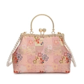 Sac de soirée brodé de fleurs de cerisier rose avec chaîne de perles et anse en métal doré - Rose