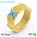 Golden stainless steel woven texture ring with blue enamel star detail, 7mm width - Gold + Blue