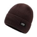 Men's thick coffee brown knit beanie with warm fleece lining and brand logo patch - Coffee